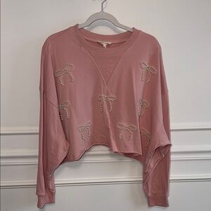 Peach Love California Pearl Bow Cropped Sweatshirt - Dusty Rose